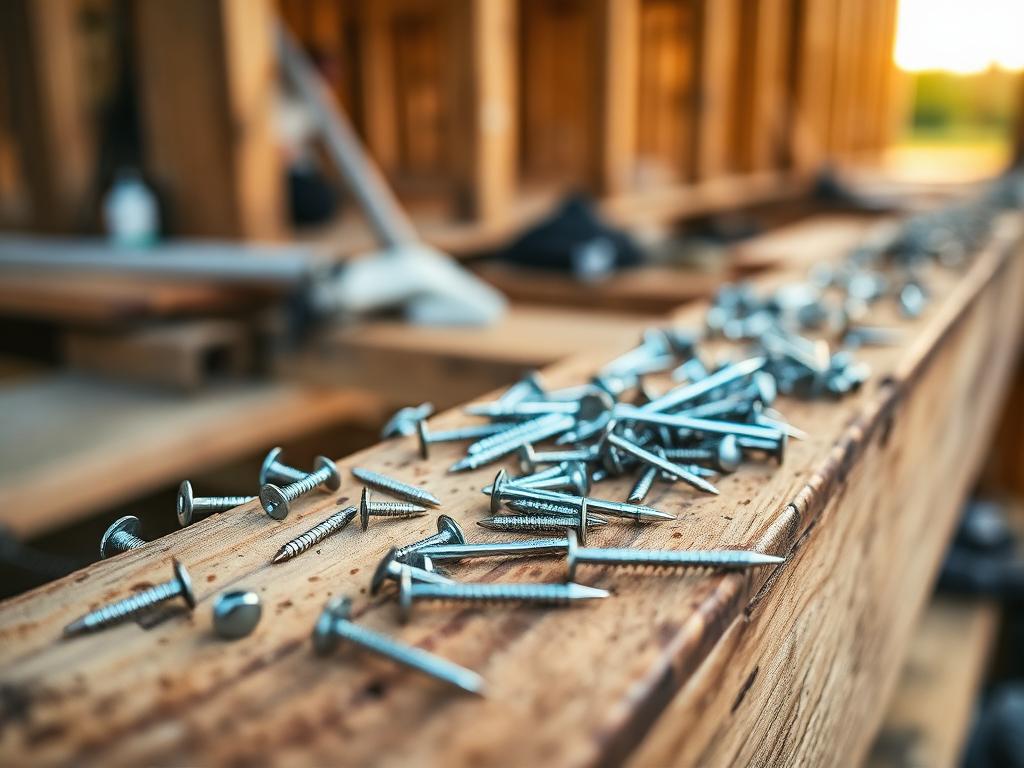 Macro shot of framing nails on a wood beam