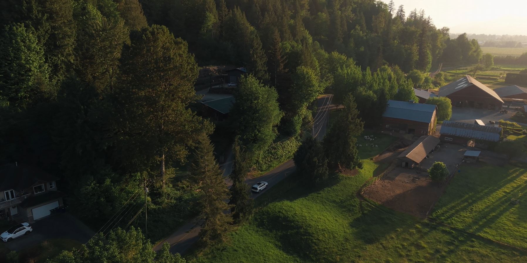 Aerial sunset over Chilliwack farmland and forest