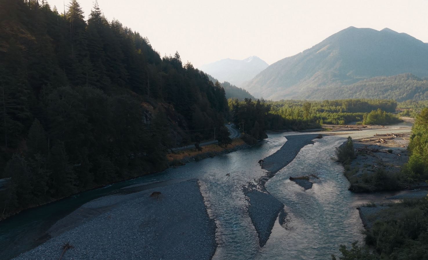 Chilliwack River flowing between forested mountains